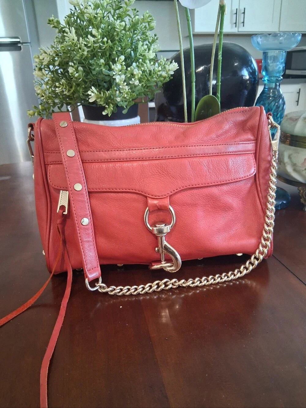 Rebecca Minkoff Coral-Red Leather Crossbody with Gold Chain